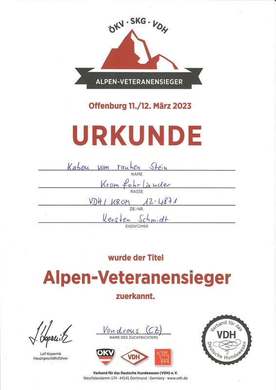 Kabous Urkunde vom 11.03.2023: Alpen-Veteranensieger