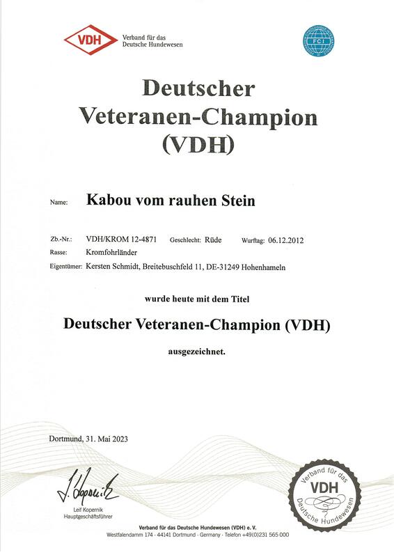 Kabous Champion-Urkunde vom 31.05.2023: Deutscher Veteranen-Champion (VDH)